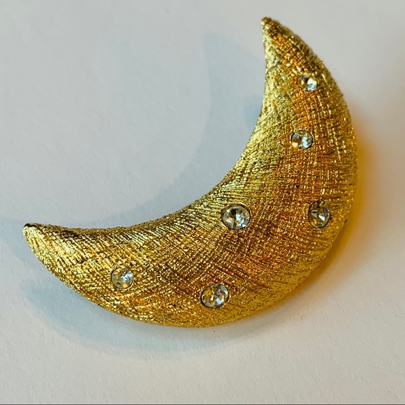 DIOR Crescent Moon Brooch Pin Gold Crystal Vintage - Picture 4 of 6